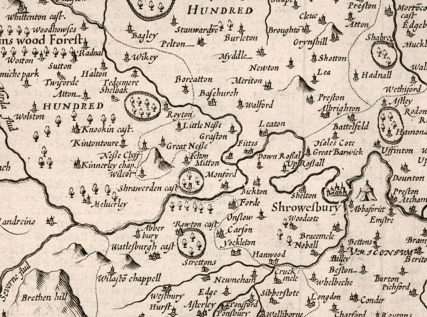 Mapa antiguo de Shropshire en 1611 por John Speed ​​- Shrewsbury, Telford, Bridgnorth, Oswestry, Newport, Ludlow