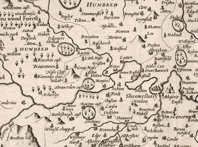 Alte Karte von Shropshire im Jahre 1611 von John Speed ​​- Shrewsbury, Telford, Bridgnorth, Oswestry, Newport, Ludlow