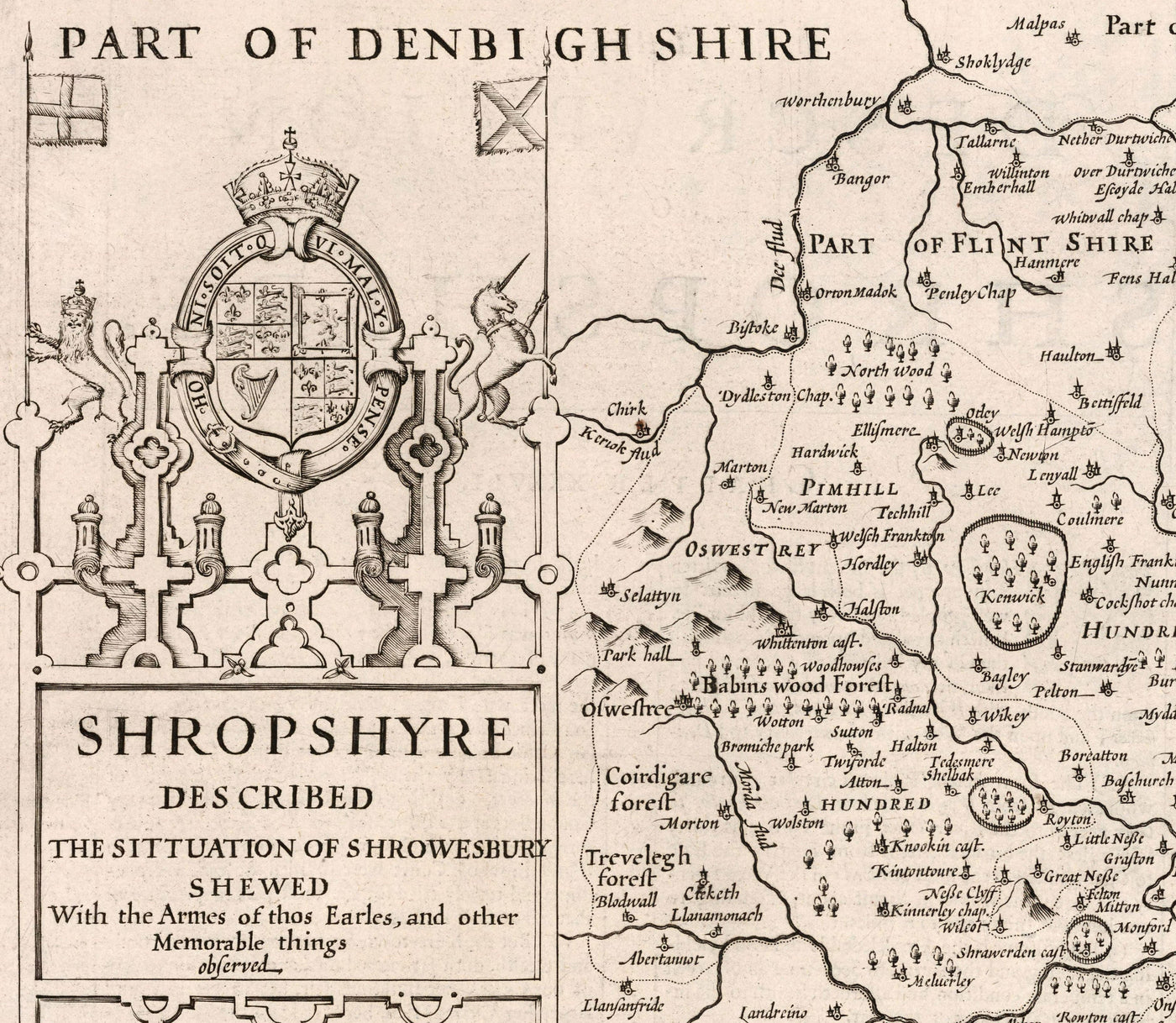Mapa antiguo de Shropshire en 1611 por John Speed ​​- Shrewsbury, Telford, Bridgnorth, Oswestry, Newport, Ludlow