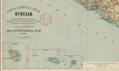 Ancienne carte de la Sicile en 1891 par Wilhelm Fritzsche - Palerme, Catane, Messine, Marsala, Sciacca