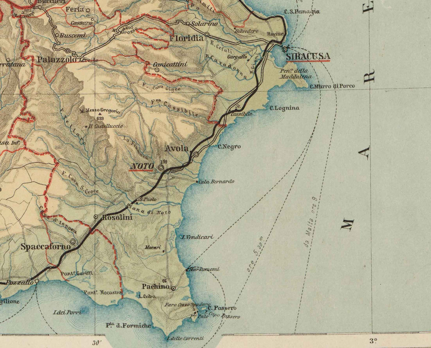 Antiguo mapa de Sicilia en 1891 por Wilhelm Fritzsche - Palermo, Catania, Messina, Marsala, Sciacca