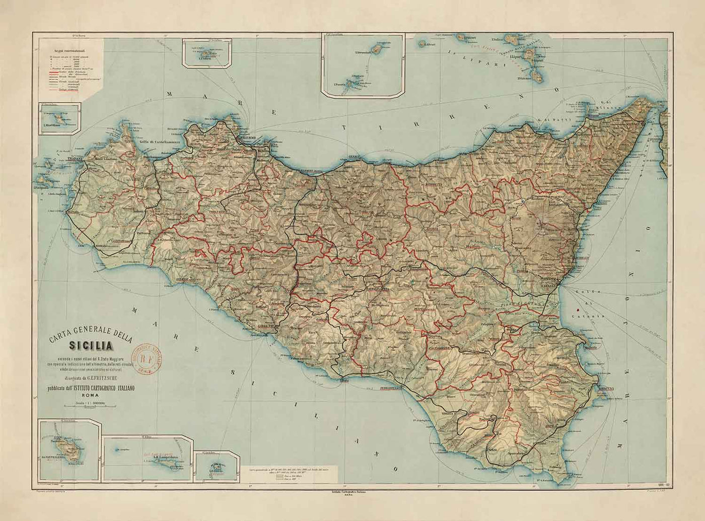 Ancienne carte de la Sicile en 1891 par Wilhelm Fritzsche - Palerme, Catane, Messine, Marsala, Sciacca