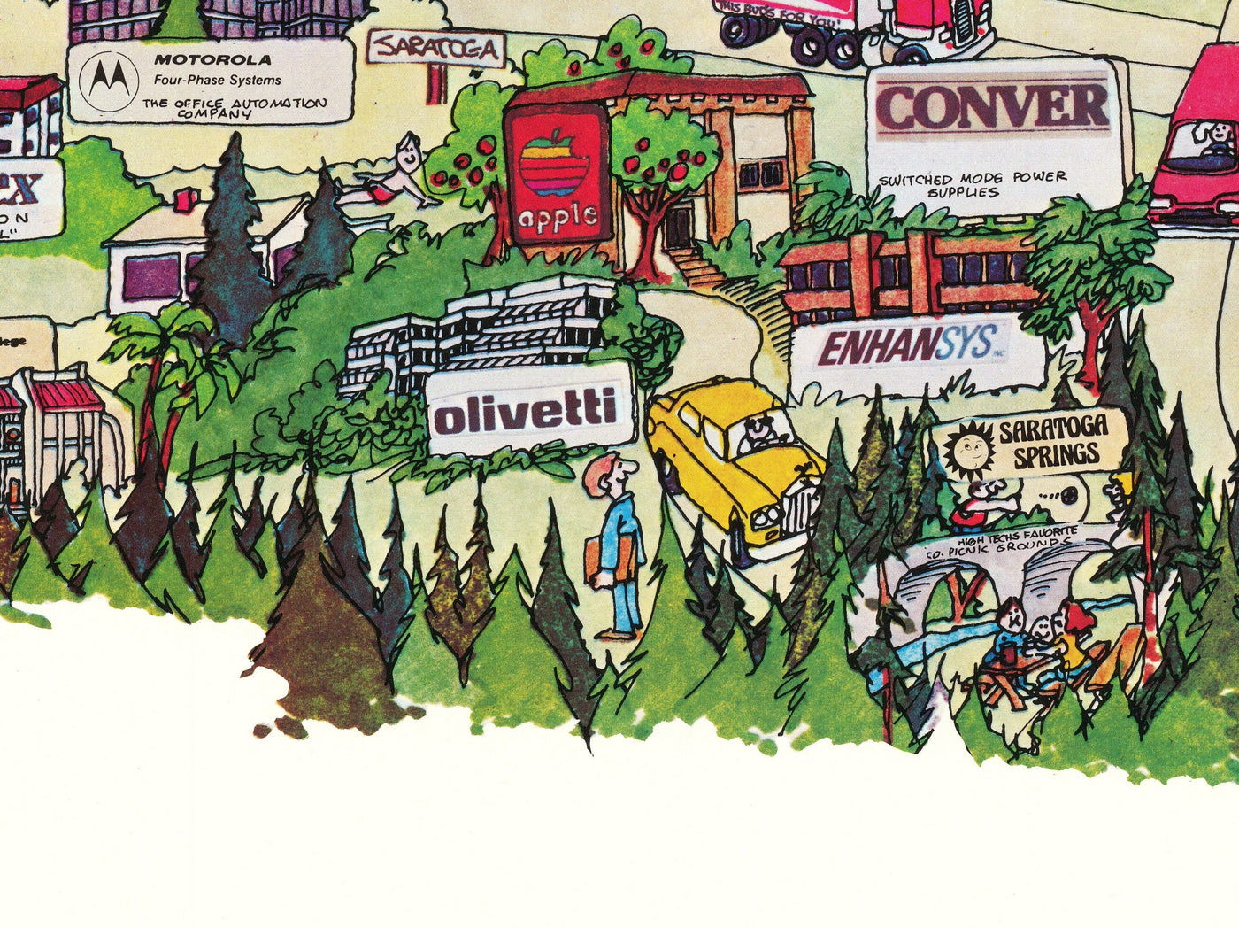Rare ancienne carte de Silicon Valley, 1985 - Tableau pictorial de MountainView, Sunnyvale, Cupertino, San Jose, Fremont