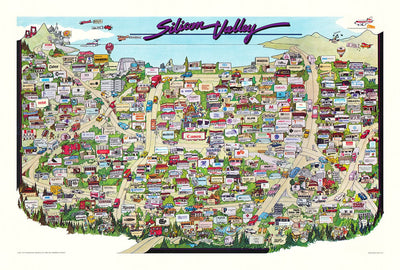 Rare Old Map of Silicon Valley, 1985 - Gráfico pictórico de MountainView, Sunnyvale, Cupertino, San Jose, Fremont