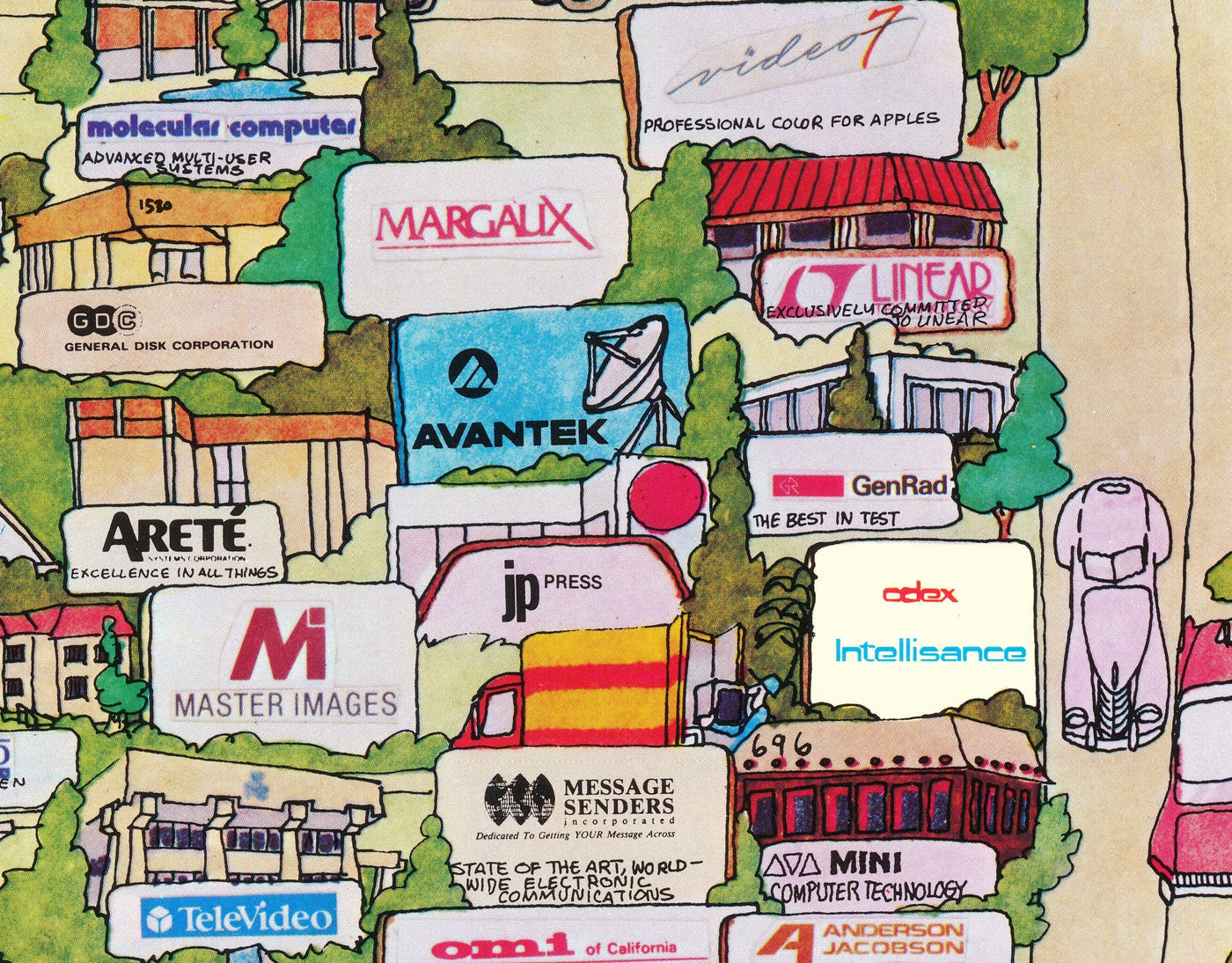 Rare ancienne carte de Silicon Valley, 1985 - Tableau pictorial de MountainView, Sunnyvale, Cupertino, San Jose, Fremont