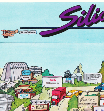 Seltene alte Karte von Silicon Valley, 1985 - bildliches Diagramm der Bergsicht, Sunnyvale, Cupertino, San Jose, Fremont