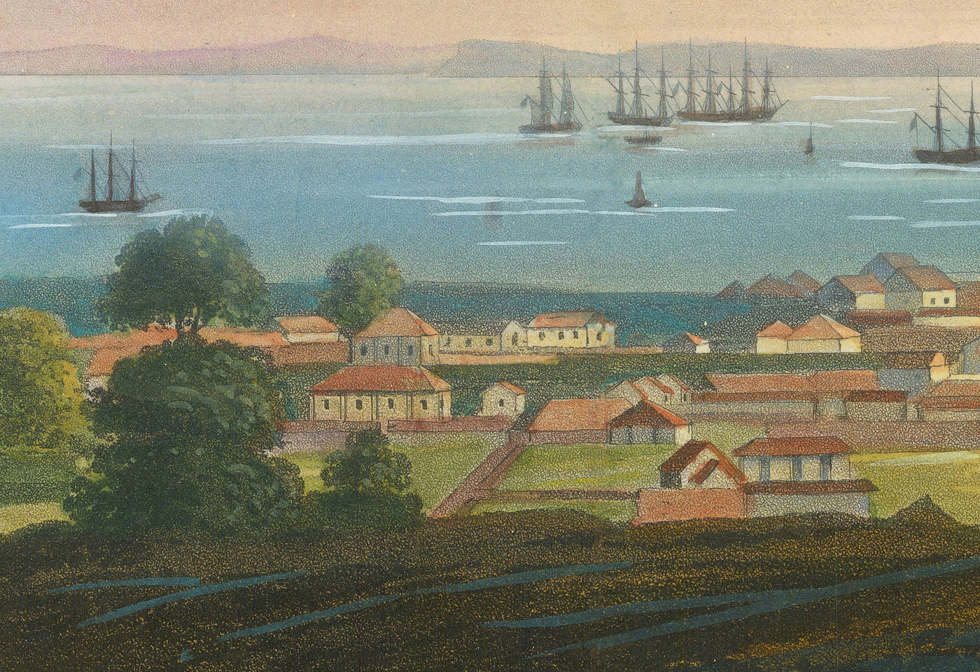 Carte ancienne rare de Singapour en 1828 par Robert Elliot - Colonie britannique, détroit de Singapour, baie de la Marina, centre-ville