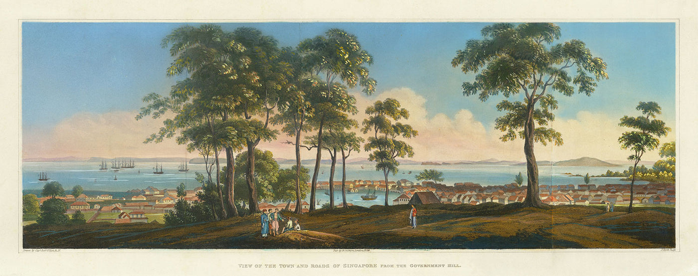 Raro mapa antiguo de Singapur en 1828 por Robert Elliot - Colonia británica, Estrecho de Singapur, Bahía de Marina, Centro de la ciudad