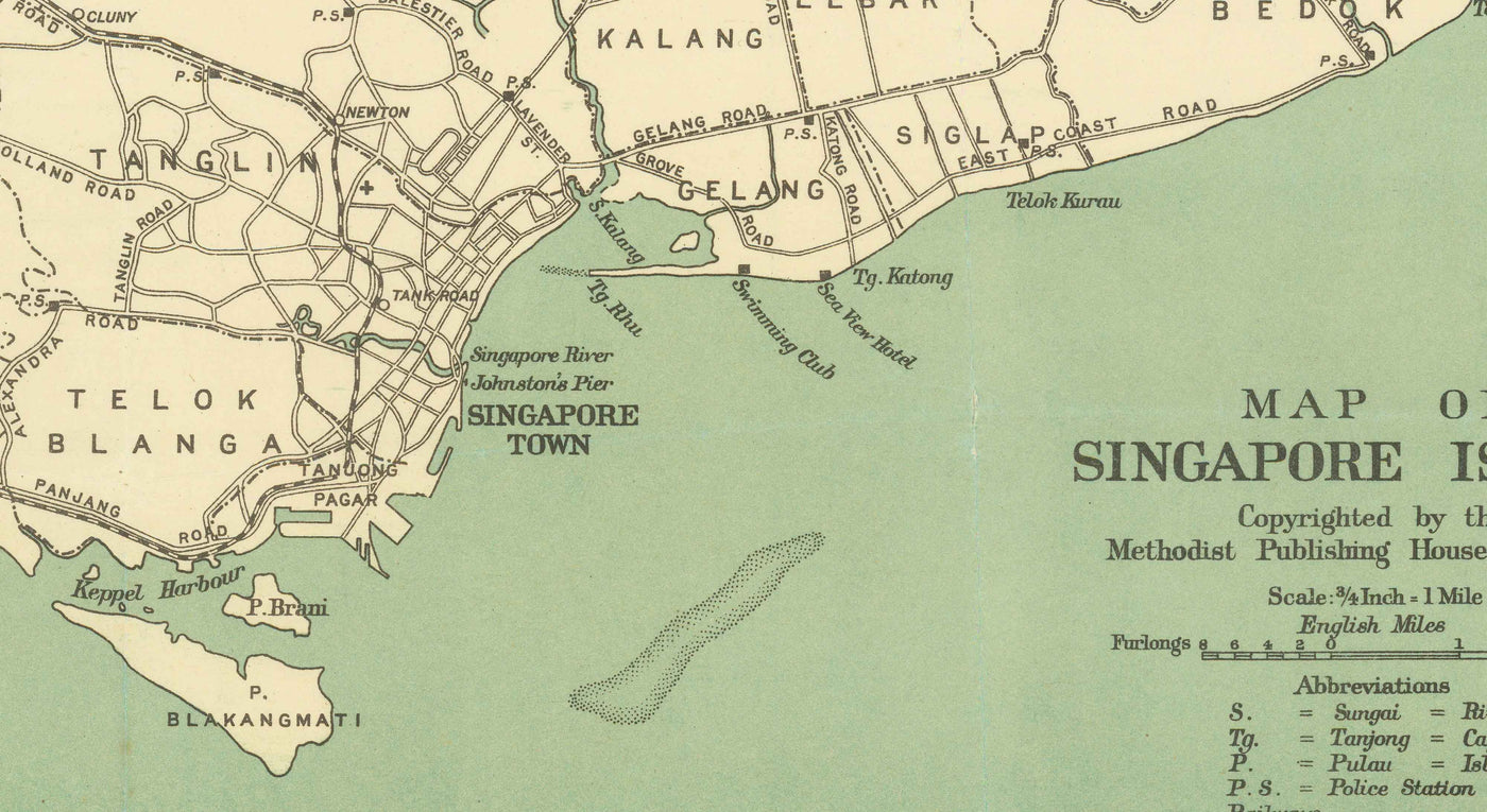 Ancienne carte de l'île de Singapour, 1920 - Routes, chemin de fer, Sembawang, Tampines, Tuas, Johor Bahru, Malaisie