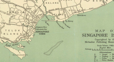 Antiguo mapa de la isla de Singapur, 1920 - Carreteras, ferrocarril, Sembawang, Tampines, Tuas, Johor Bahru, Malasia
