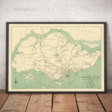 Mappa antica dell'isola di Singapore, 1920 - Strade, Ferrovia, Sembawang, Tampines, Tuas, Johor Bahru, Malesia 