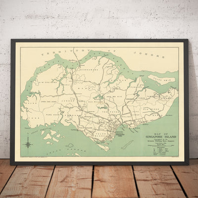 Old Map of Singapore Island, 1920 - Roads, Railway, Sembawang, Tampines, Tuas, Johor Bahru, Malaysia