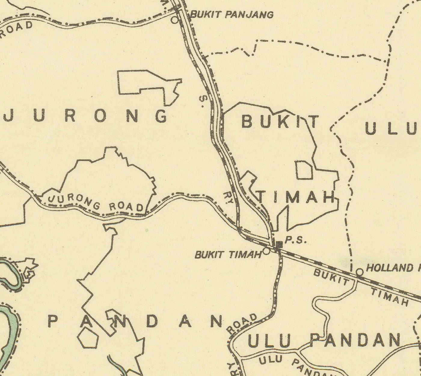 Alte Karte der Insel Singapur, 1920 - Straßen, Eisenbahn, Sembawang, Tampines, Tuas, Johor Bahru, Malaysia