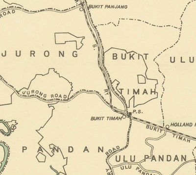 Ancienne carte de l'île de Singapour, 1920 - Routes, chemin de fer, Sembawang, Tampines, Tuas, Johor Bahru, Malaisie