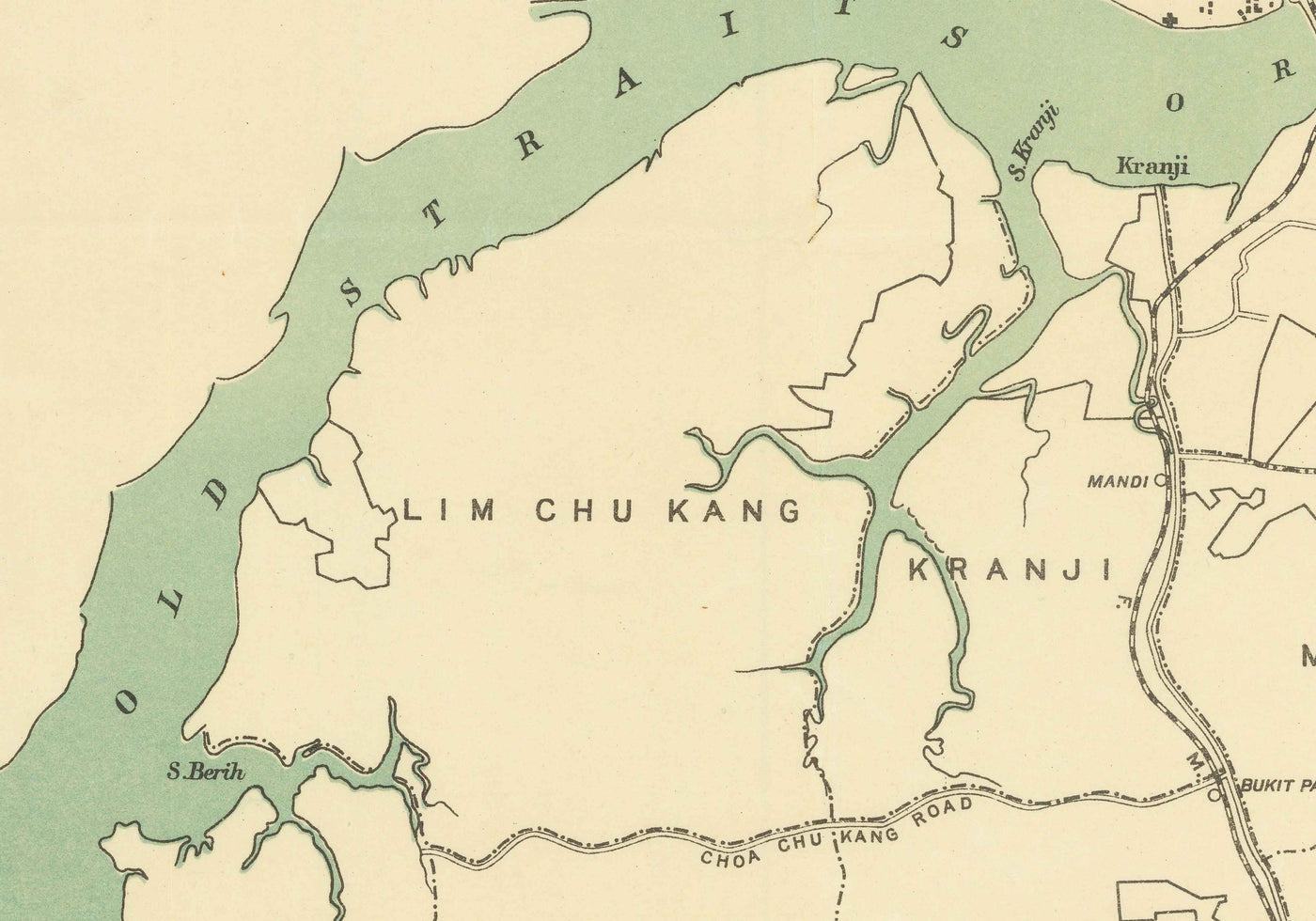 Antiguo mapa de la isla de Singapur, 1920 - Carreteras, ferrocarril, Sembawang, Tampines, Tuas, Johor Bahru, Malasia