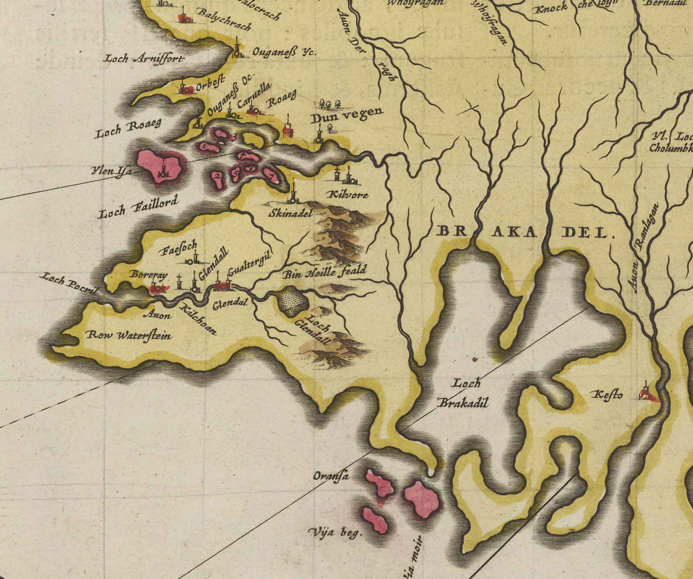 Antiguo mapa de la isla de Skye en 1665 por Joan Blaeu - Portree, Raasay, Soay, Scalpay, Dunvegan