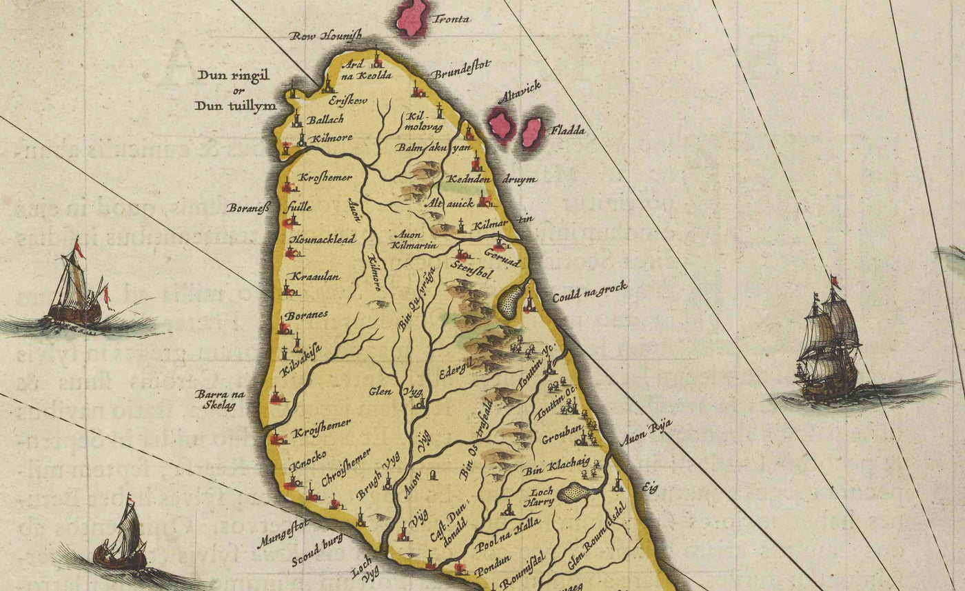Ancienne carte de l'île de Skye en 1665 par Joan Blaeu - Portree, Raasay, Soay, Scalpay, Dunvegan