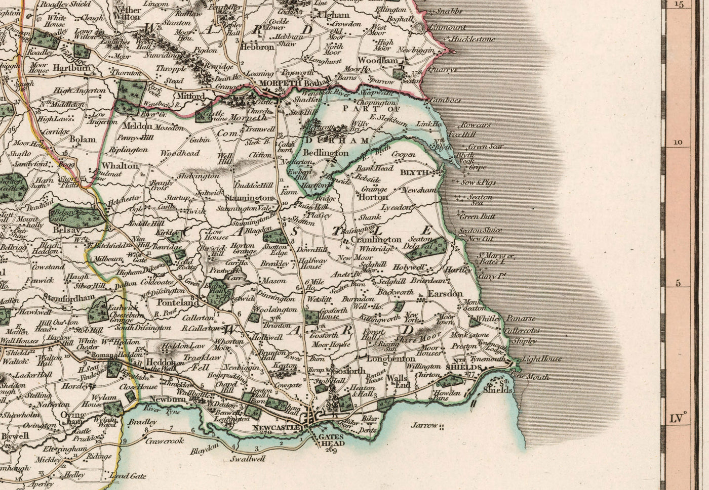 Ancienne carte du Northumberland en 1801 par John Cary - Newcastle, Belford, Hexham, Haltwhistle, Durham