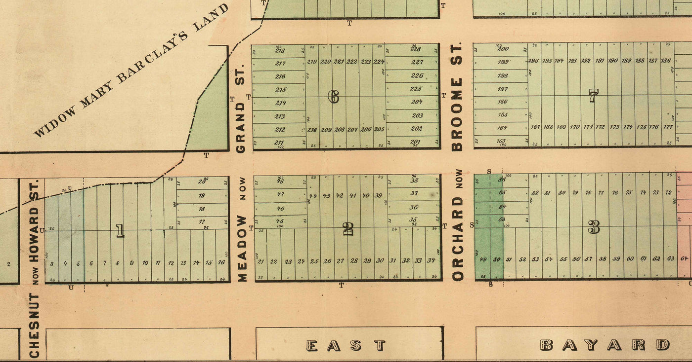 Mapa antiguo del SoHo, NYC, 1868 por John Bute Holmes - Estudio de las tierras de cultivo de Manhattan, Broadway, Bleeker, Houston St