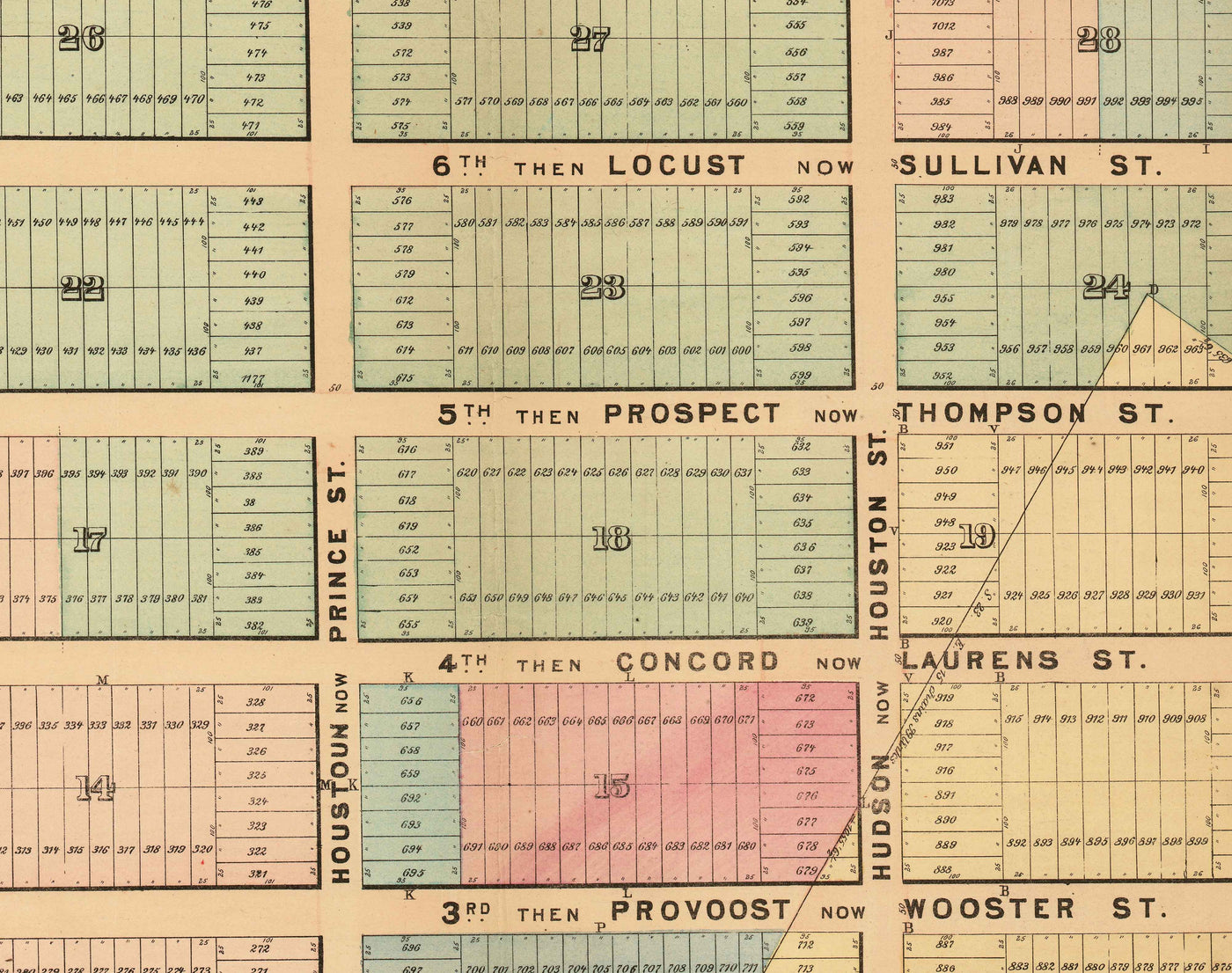 Alte Karte von SoHo, NYC, 1868 von John Bute Holmes - Manhattan Farmland Survey, Broadway, Bleeker, Houston St