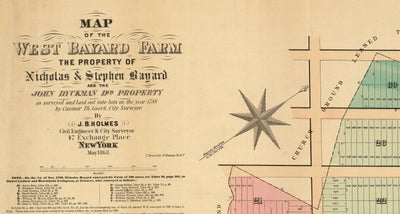 Ancienne carte de SoHo, NYC, 1868 par John Bute Holmes - Manhattan Farmland Survey, Broadway, Bleeker, Houston St
