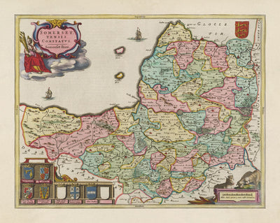 Ancienne carte de Somerset en 1611 par Joan Blaeu - Bath, Bristol, Portishead, Weston-Super-Mare, Taunton, Yeovil
