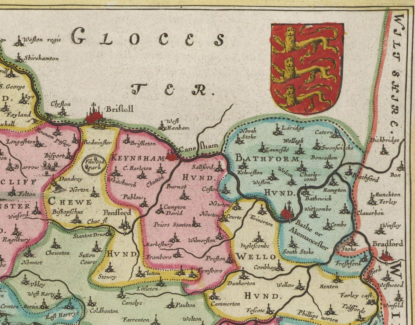 Ancienne carte de Somerset en 1611 par Joan Blaeu - Bath, Bristol, Portishead, Weston-Super-Mare, Taunton, Yeovil