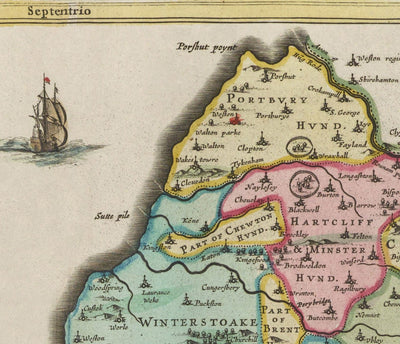 Alte Karte von Somerset im Jahre 1611 von Joan Blaeu - Bad, Bristol, Portishead, Weston-Super-Mare, Taunton, Yeovil