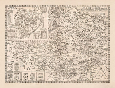 Ancienne carte de Somerset en 1611 par John Speed ​​- Bath, Portishead, Weston-Super-Mare, Taunton, Yeovil