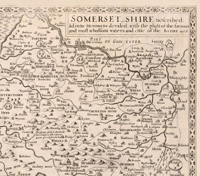 Ancienne carte de Somerset en 1611 par John Speed ​​- Bath, Portishead, Weston-Super-Mare, Taunton, Yeovil