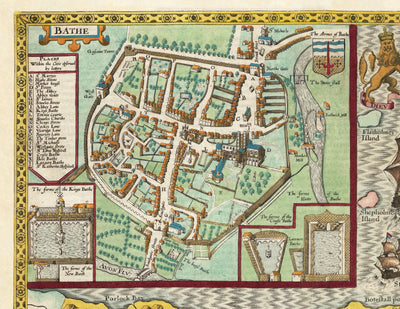 Viejo mapa de Somerset en 1611 por John Speed ​​- Bath, Portishead, Weston-Super-Mare, Taunton