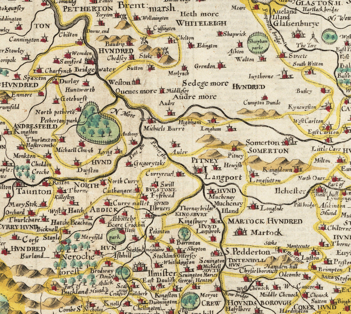 Ancienne carte de Somerset en 1611 par John Speed ​​- Bath, Portishead, Weston-Super-Mare, Taunton