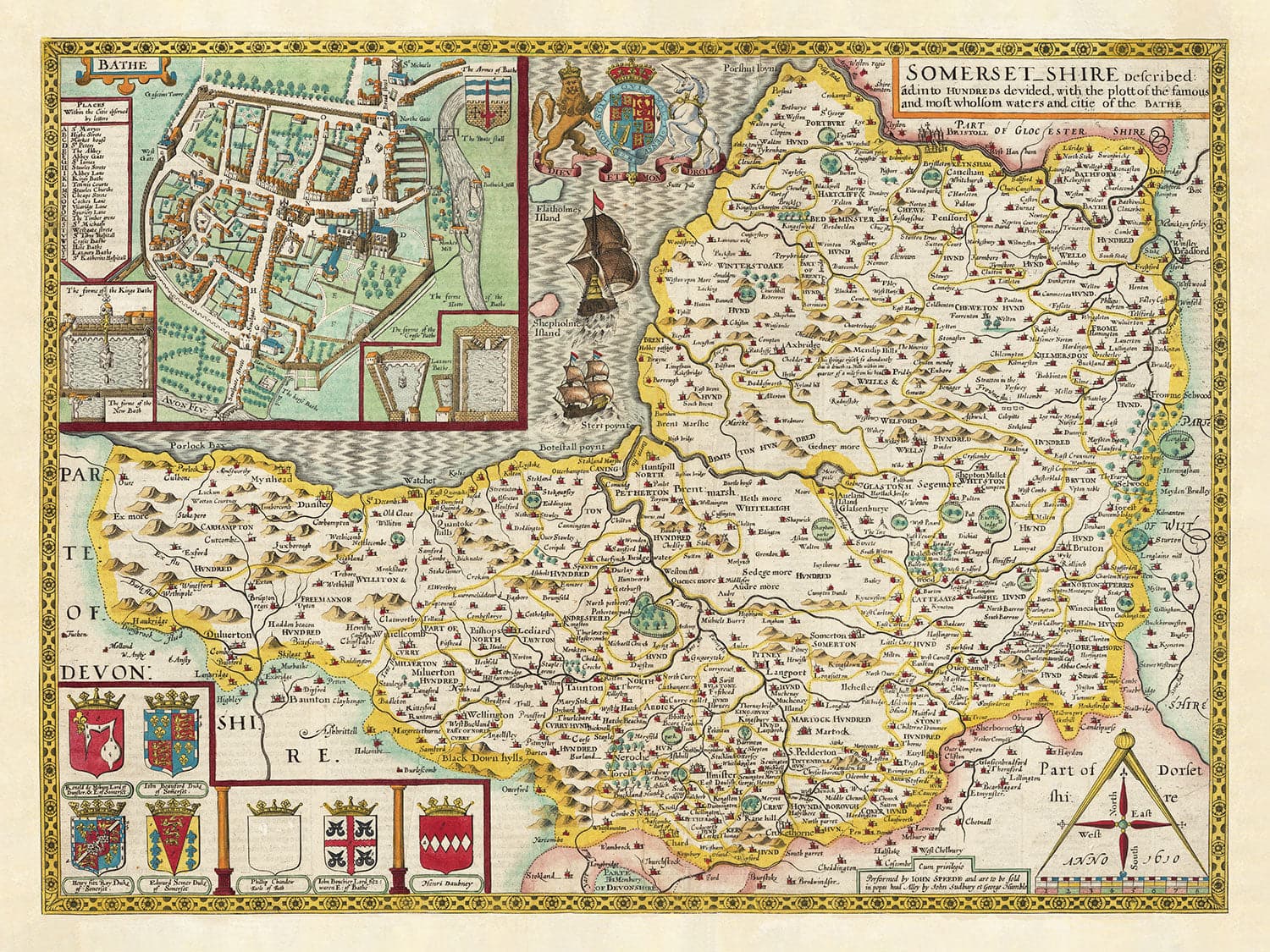 Old Map Of Somerset In 1611 By John Speed Bath Portishead Weston s old-map-of-somerset-in-1611-by-john-speed-bath-portishead-weston-s