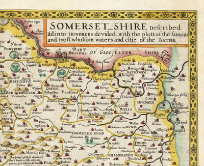 Ancienne carte de Somerset en 1611 par John Speed ​​- Bath, Portishead, Weston-Super-Mare, Taunton