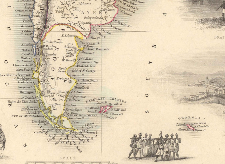 Mappa antica del Sud America, 1851 di Tallis & Rapkin - Colonialismo portoghese, lavaggio dell&