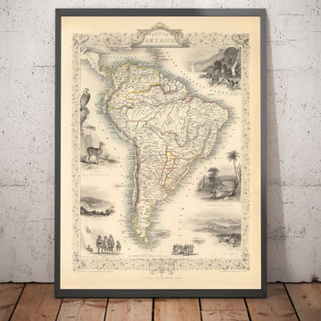 Old Map of South America, 1851 by Tallis & Rapkin - Portuguese Colonialism, Gold Washing, Amazon, Brazil, Colombia
