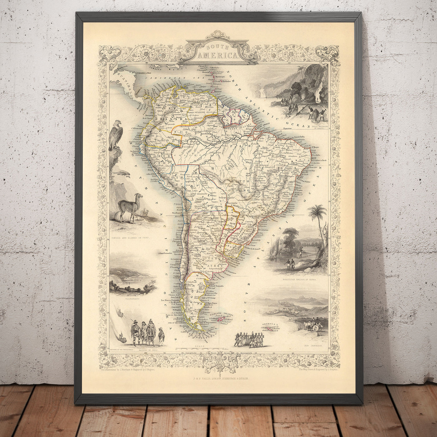 Ancienne carte de l'Amérique du Sud, 1851 par Tallis & Rapkin - Colonialisme portugais, orpaillage, Amazonie, Brésil, Colombie