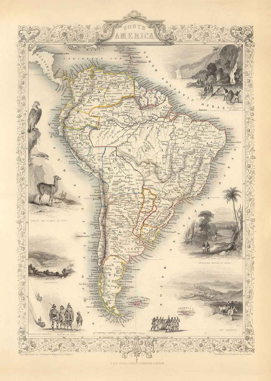 Mappa antica del Sud America, 1851 di Tallis & Rapkin - Colonialismo portoghese, lavaggio dell&
