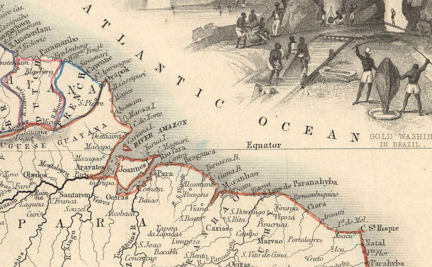 Ancienne carte de l'Amérique du Sud, 1851 par Tallis & Rapkin - Colonialisme portugais, orpaillage, Amazonie, Brésil, Colombie