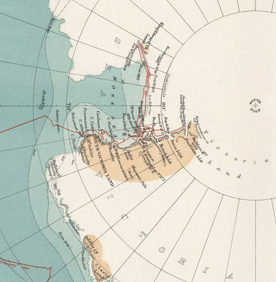 Ancienne Antarctique South Pole Pôle Map 1904 par Stanford - Vintage Atlas Explorer Carte de l'Antarctique