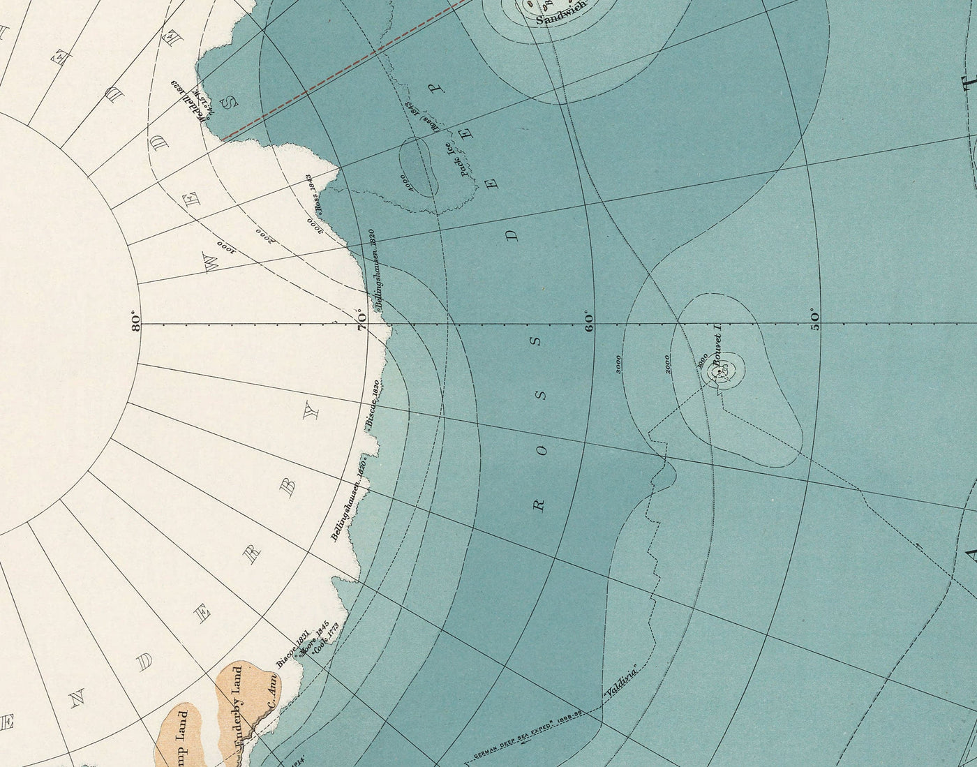 Ancienne Antarctique South Pole Pôle Map 1904 par Stanford - Vintage Atlas Explorer Carte de l'Antarctique