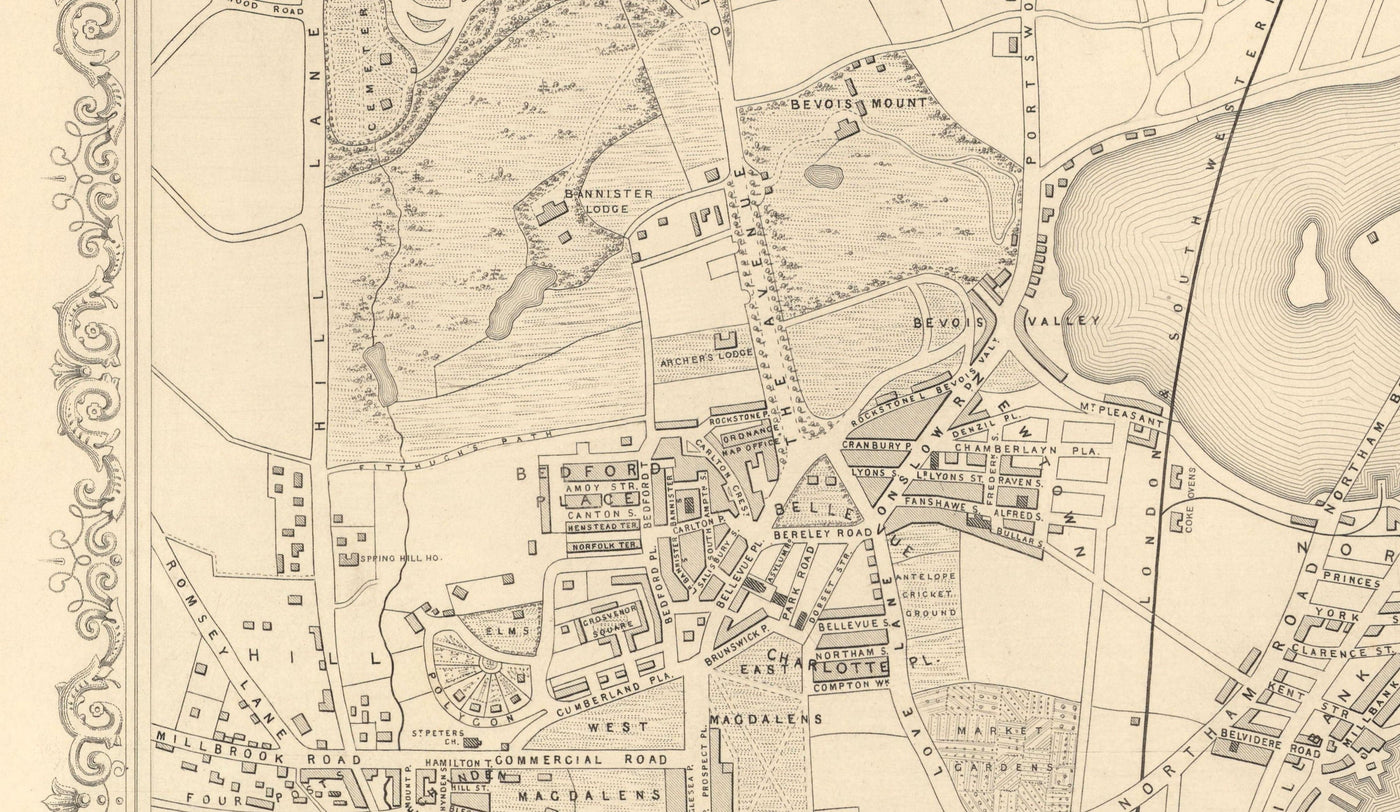 Ancienne Carte de Southampton en 1851 par Tallis & Rapkin - Centre ville, Itchen, chapelle, quais, Ocean Village