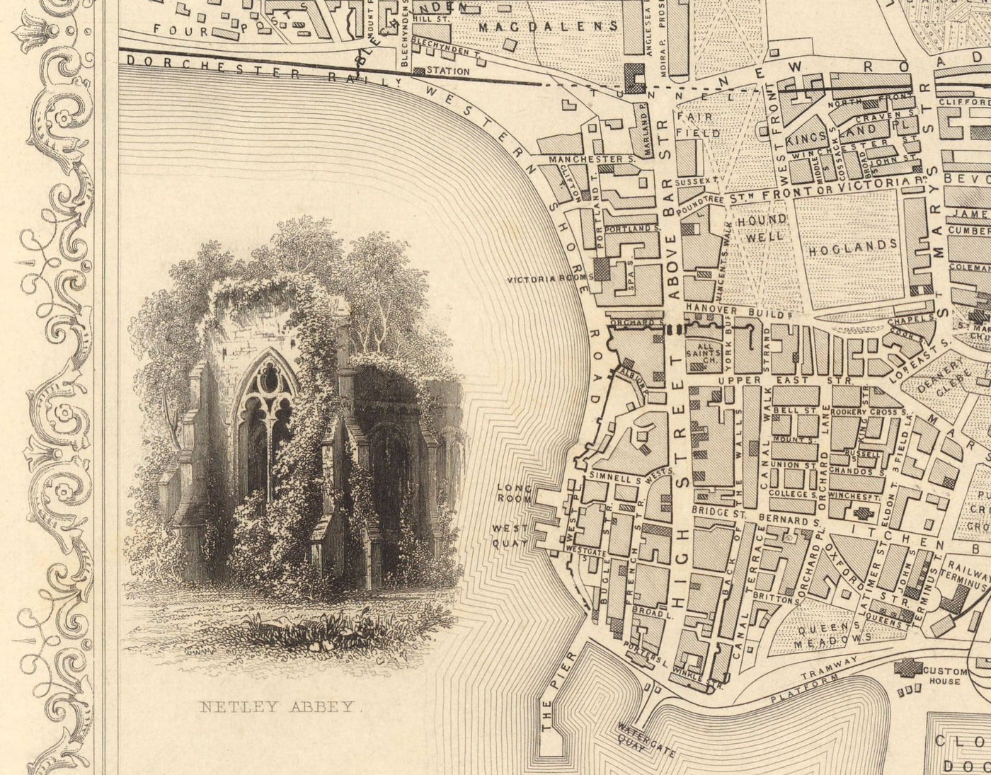 Ancienne Carte de Southampton en 1851 par Tallis & Rapkin - Centre ville, Itchen, chapelle, quais, Ocean Village