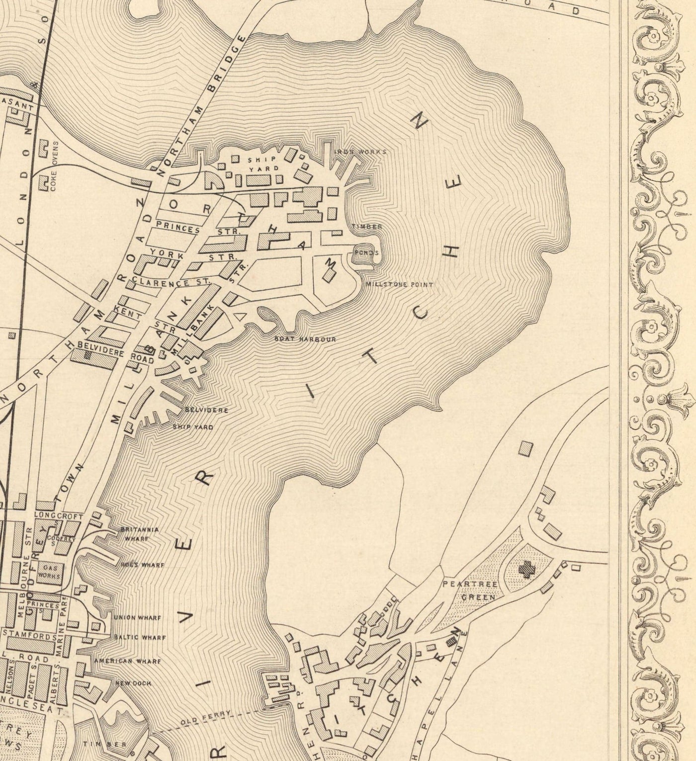 Alte Karte von Southampton 1851 von Tallis & Rapkin - Stadtzentrum, River Iphen, Kapelle, Docks, Ocean Village