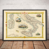 Antica mappa del sud Italia nel 1851 di Tallis & Rapkin - Sicilia, Sardegna, Corsica, Napoli, Palermo 