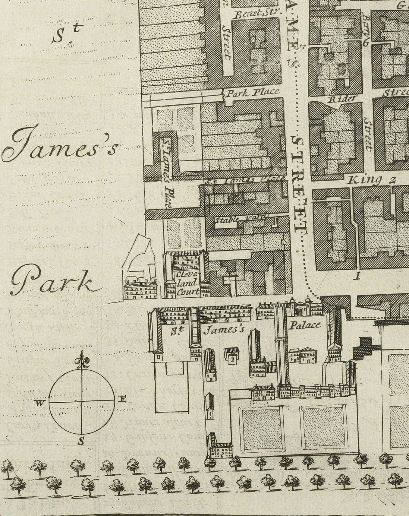 Mapa antiguo de la parroquia de St James, 1720 por Strype y Stow - Londres, Piccadilly, St James's Square, Pall Mall, Westminster