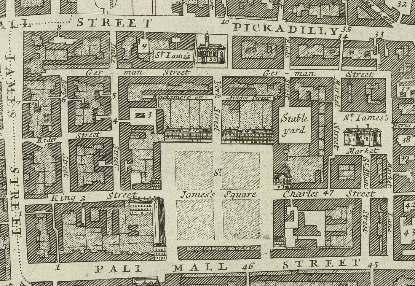 Mapa antiguo de la parroquia de St James, 1720 por Strype y Stow - Londres, Piccadilly, St James's Square, Pall Mall, Westminster