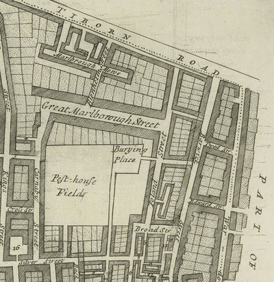 Old Map of St James's Parish, 1720 by Strype and Stow - London, Piccadilly, St James's Square, Pall Mall, Westminster