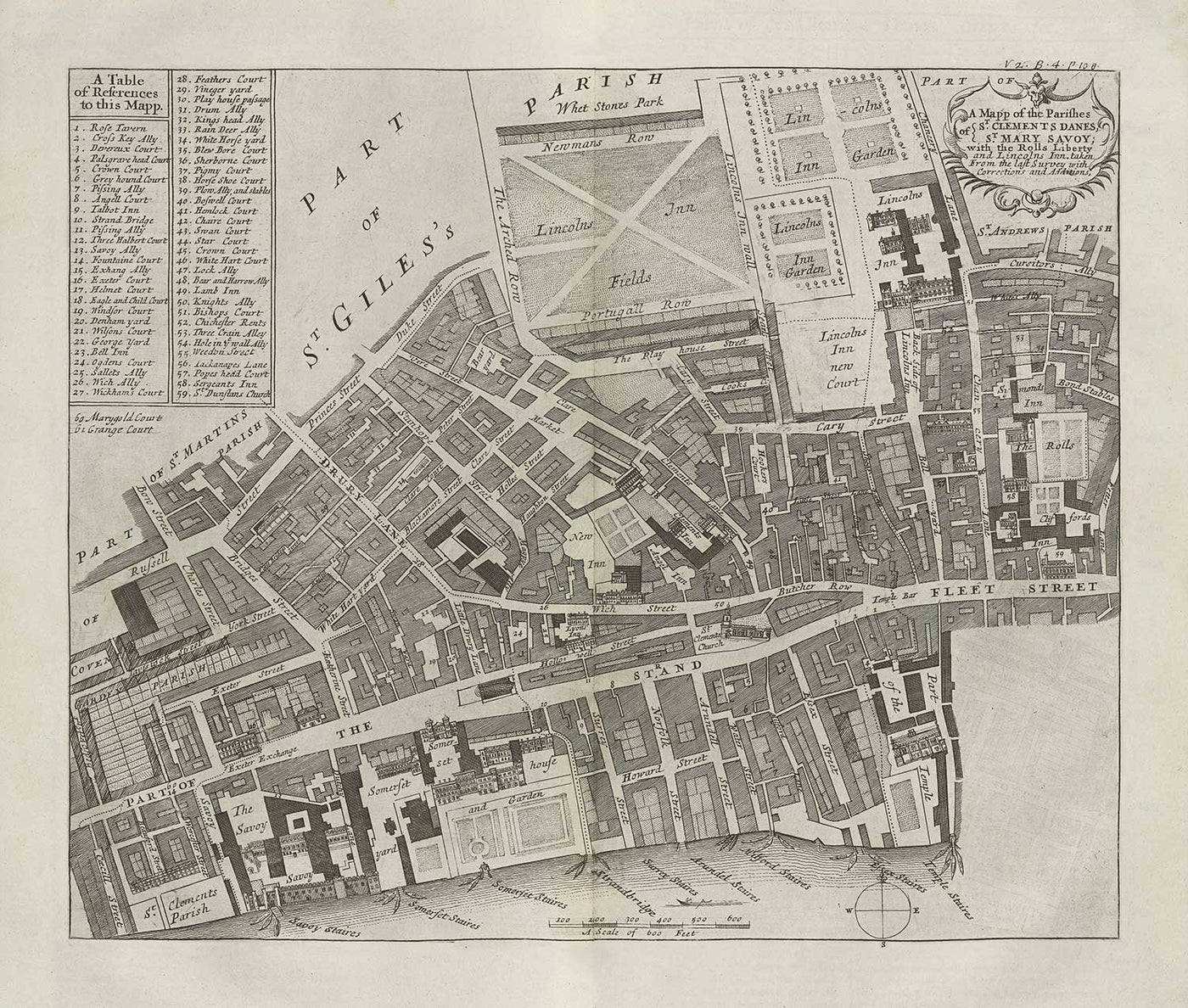 Alte Karte von St Mary Savoy, 1720 von Strype und Stow - London, Holborn, Strand, Fleet Street, Themse
