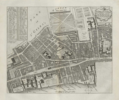 Ancienne carte de St Mary Savoy, 1720 par Strype et Stow - Londres, Holborn, Strand, Fleet Street, River Thames